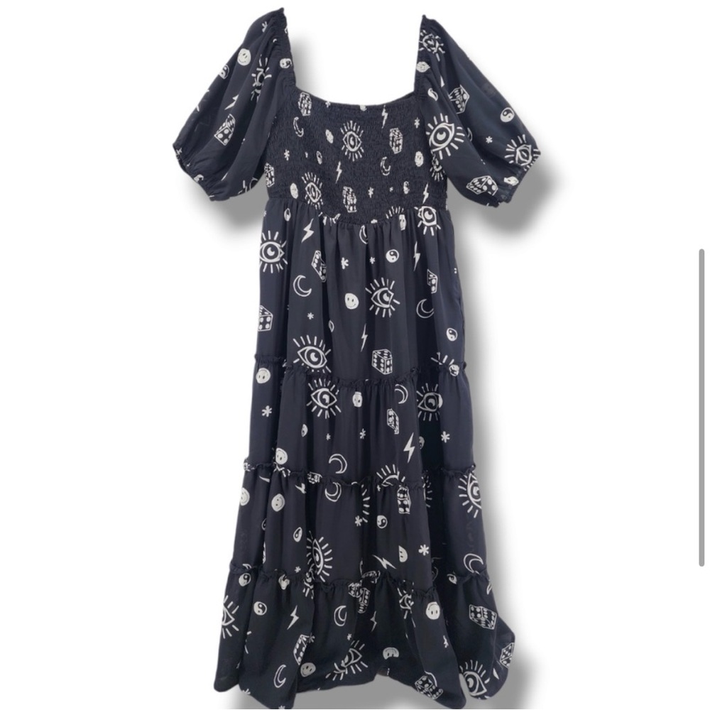 Dressed In Lala What's Your Sign Black White Smocked Maxi Dress Size XL - Picture 3 of 9